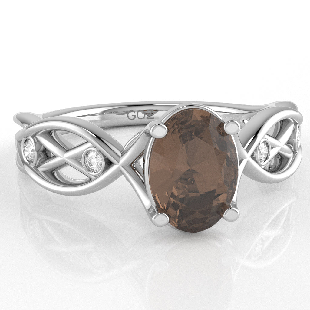 Smoky Quartz Diamond Celtic Knot Curles Ring In 14k White Gold
