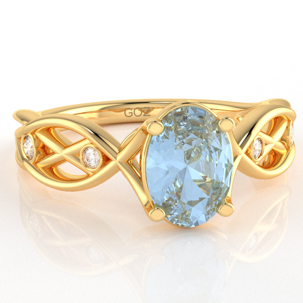 Aquamarine Diamond Celtic Knot Curles Ring In 14k Yellow Gold