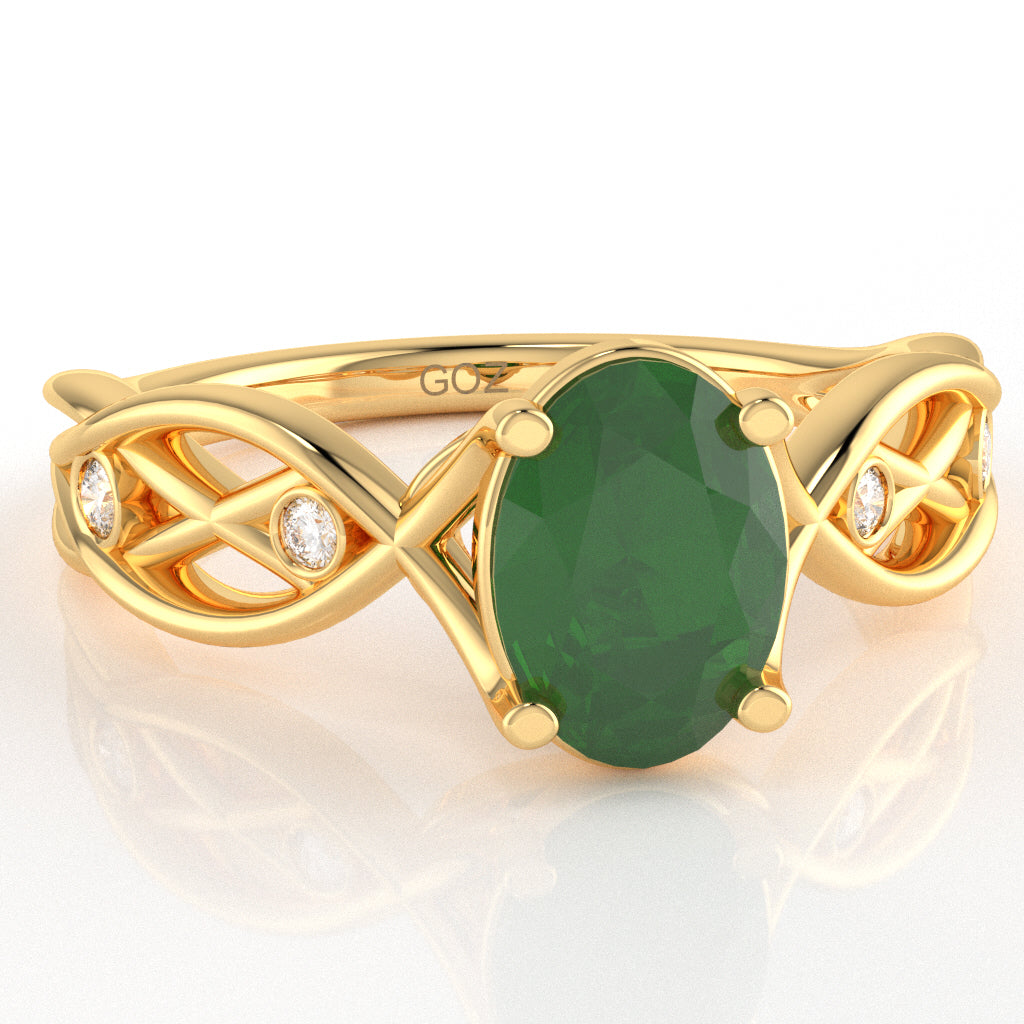 Emerald Diamond Celtic Knot Curles Ring In 10k Yellow Gold