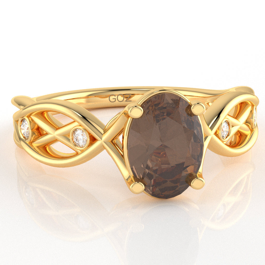Smoky Quartz Diamond Celtic Knot Curles Ring In 10k Yellow Gold