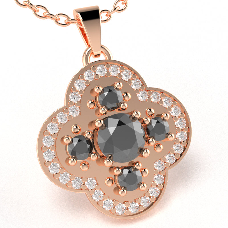 Shamrock Clover Flower Leaf Black Onyx Diamond Pendant In 14k Rose Gold