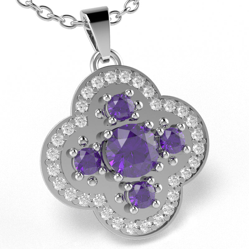 Shamrock Clover Flower Leaf Amethyst Diamond Pendant In 14k White Gold