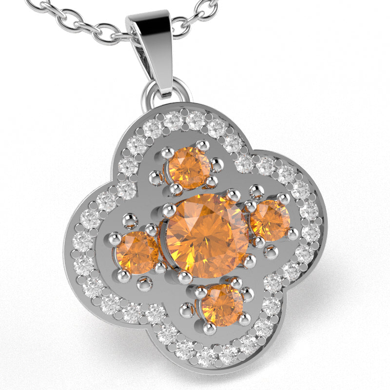 Shamrock Clover Flower Leaf Citrine Diamond Pendant In 14k White Gold