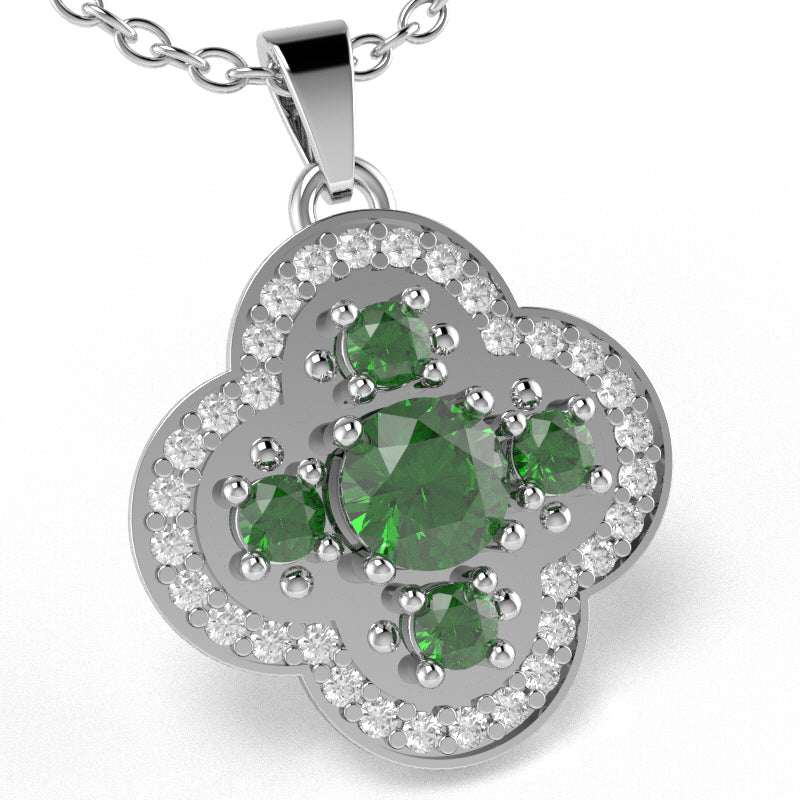Shamrock Clover Flower Leaf Lab-Created Emerald Diamond Pendant In 14k White Gold
