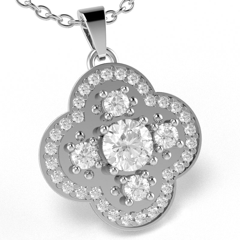 Shamrock Clover Flower Leaf White Topaz Diamond Pendant In 14k White Gold