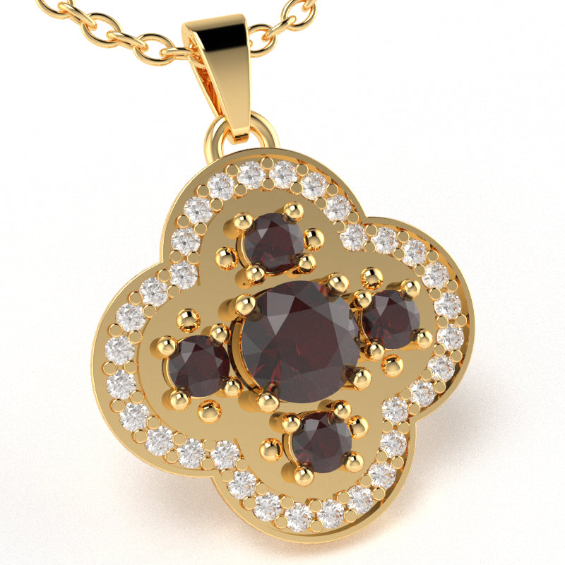 Shamrock Clover Flower Leaf Garnet Diamond Pendant In 14k Yellow Gold