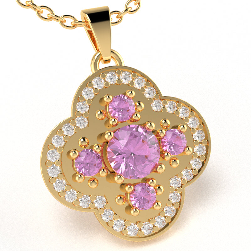 Shamrock Clover Flower Leaf Lab-Created Pink Sapphire Diamond Pendant In 14k Yellow Gold