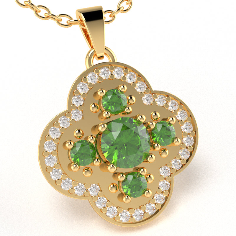Shamrock Clover Flower Leaf Peridot Diamond Pendant In 14k Yellow Gold