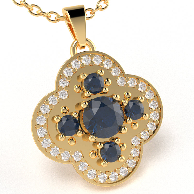 Shamrock Clover Flower Leaf Lab-Created Sapphire Diamond Pendant In 14k Yellow Gold