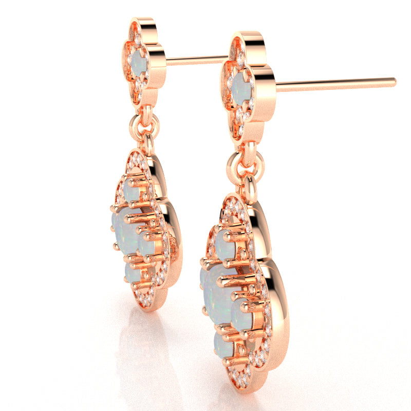 Shamrock Clover Flower Leaf Opal Diamond Earrings In 14k Rose Gold