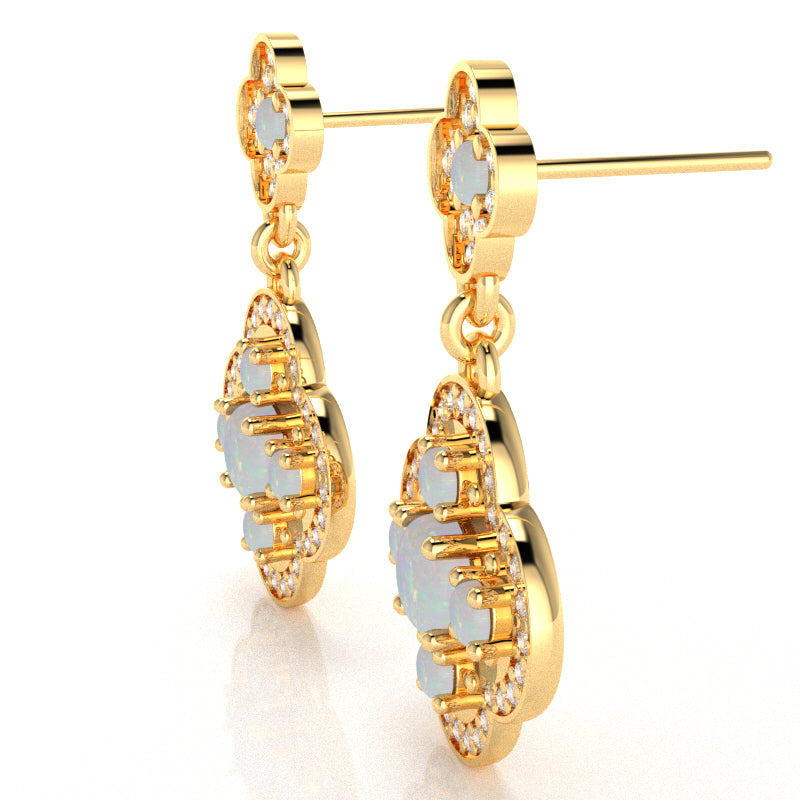 Shamrock Clover Flower Leaf Opal Diamond Earrings In 14k Yellow Gold