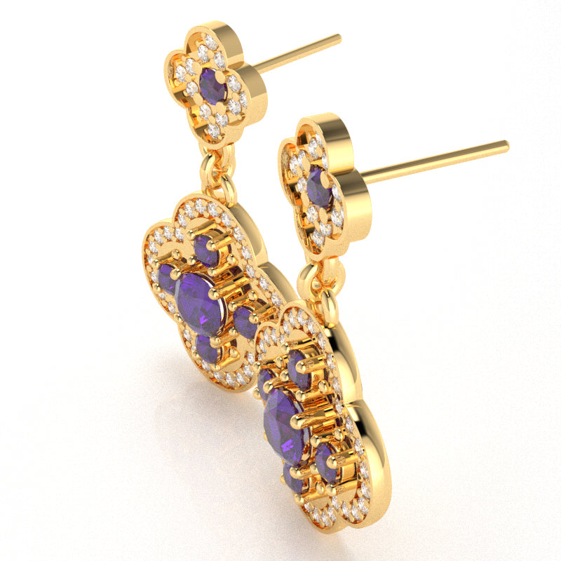 Shamrock Clover Flower Leaf Amethyst Diamond Earrings In 14k Yellow Gold