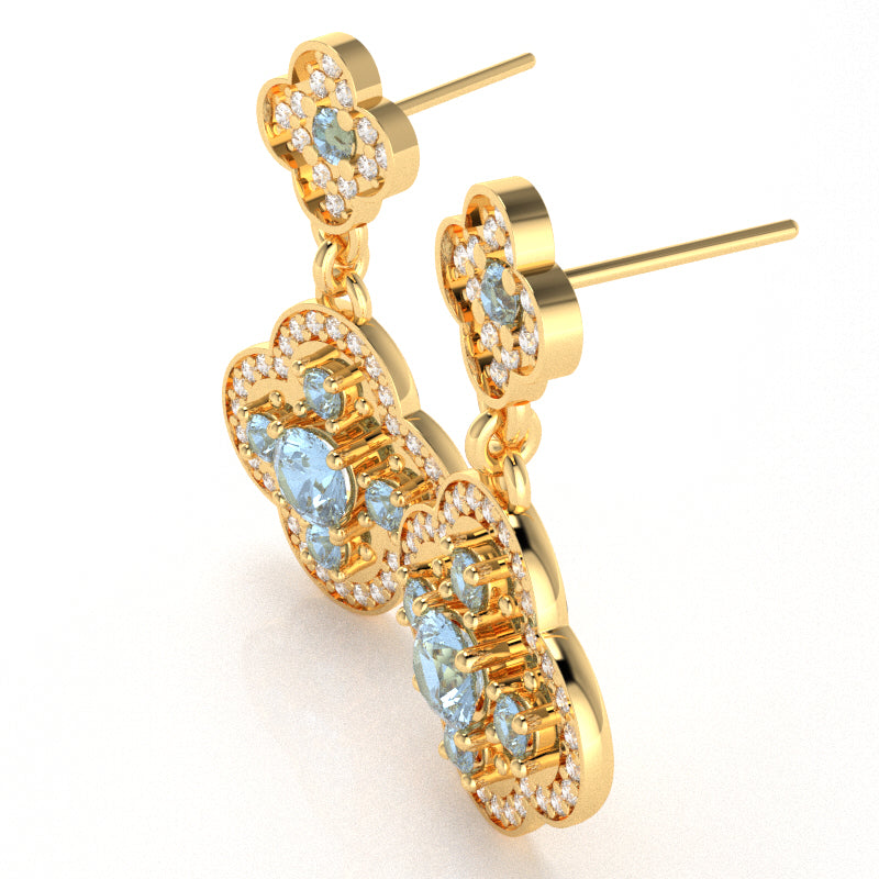 Shamrock Clover Flower Leaf Aquamarine Diamond Earrings In 14k Yellow Gold
