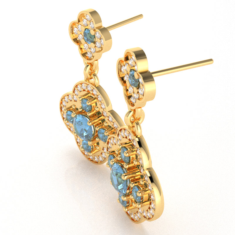 Shamrock Clover Flower Leaf Blue Topaz Diamond Earrings In 14k Yellow Gold