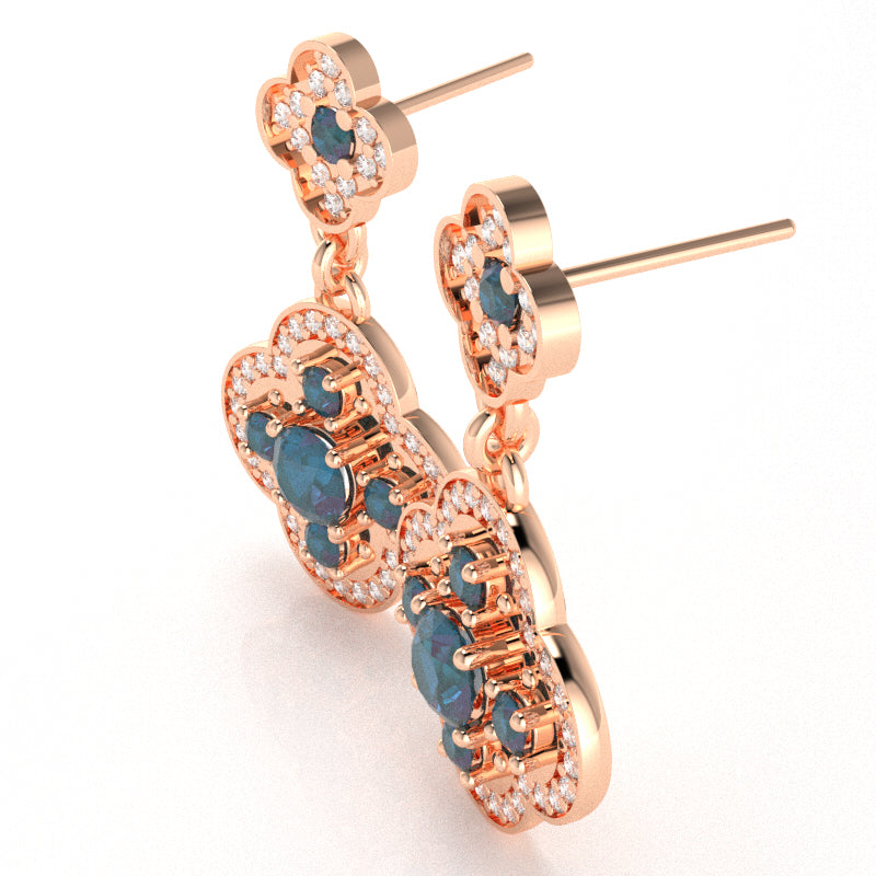 Shamrock Clover Flower Leaf Lab-Created Alexandrite Diamond Earrings In 14k Rose Gold