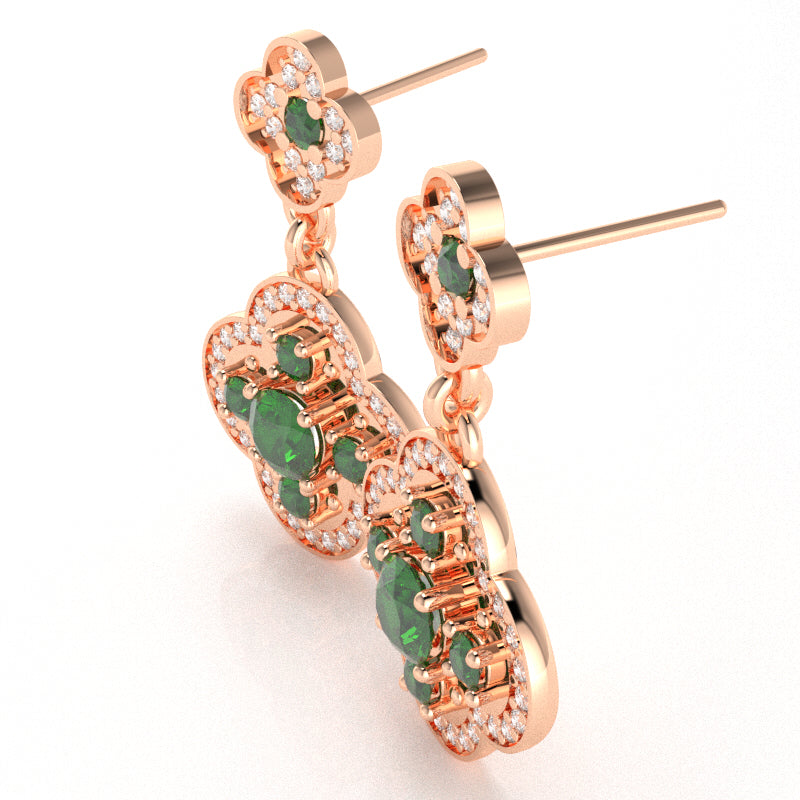 Shamrock Clover Flower Leaf Lab-Created Emerald Diamond Earrings In 14k Rose Gold