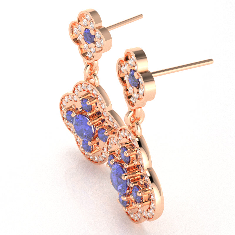 Shamrock Clover Flower Leaf Tanzanite Diamond Earrings In 14k Rose Gold