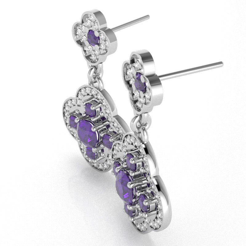 Shamrock Clover Flower Leaf Amethyst Diamond Earrings In 14k White Gold