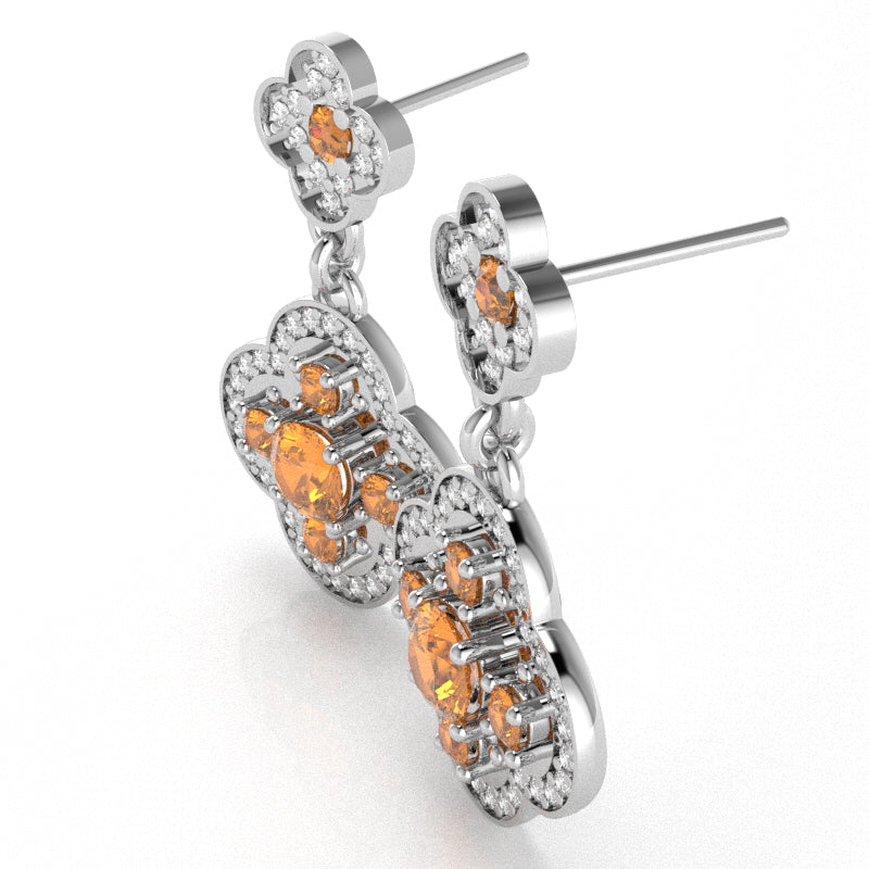 Shamrock Clover Flower Leaf Citrine Diamond Earrings In 14k White Gold