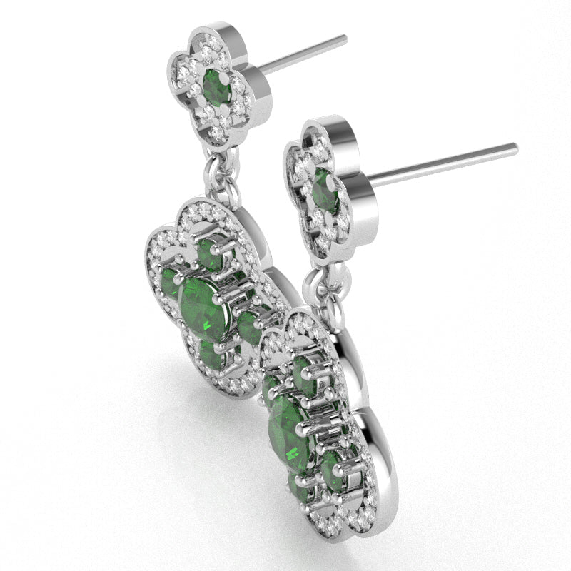 Shamrock Clover Flower Leaf Lab-Created Emerald Diamond Earrings In 14k White Gold