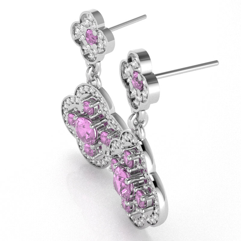 Shamrock Clover Flower Leaf Lab-Created Pink Sapphire Diamond Earrings In 14k White Gold