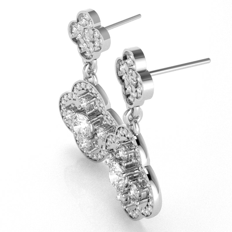 Shamrock Clover Flower Leaf White Topaz Diamond Earrings In 14k White Gold