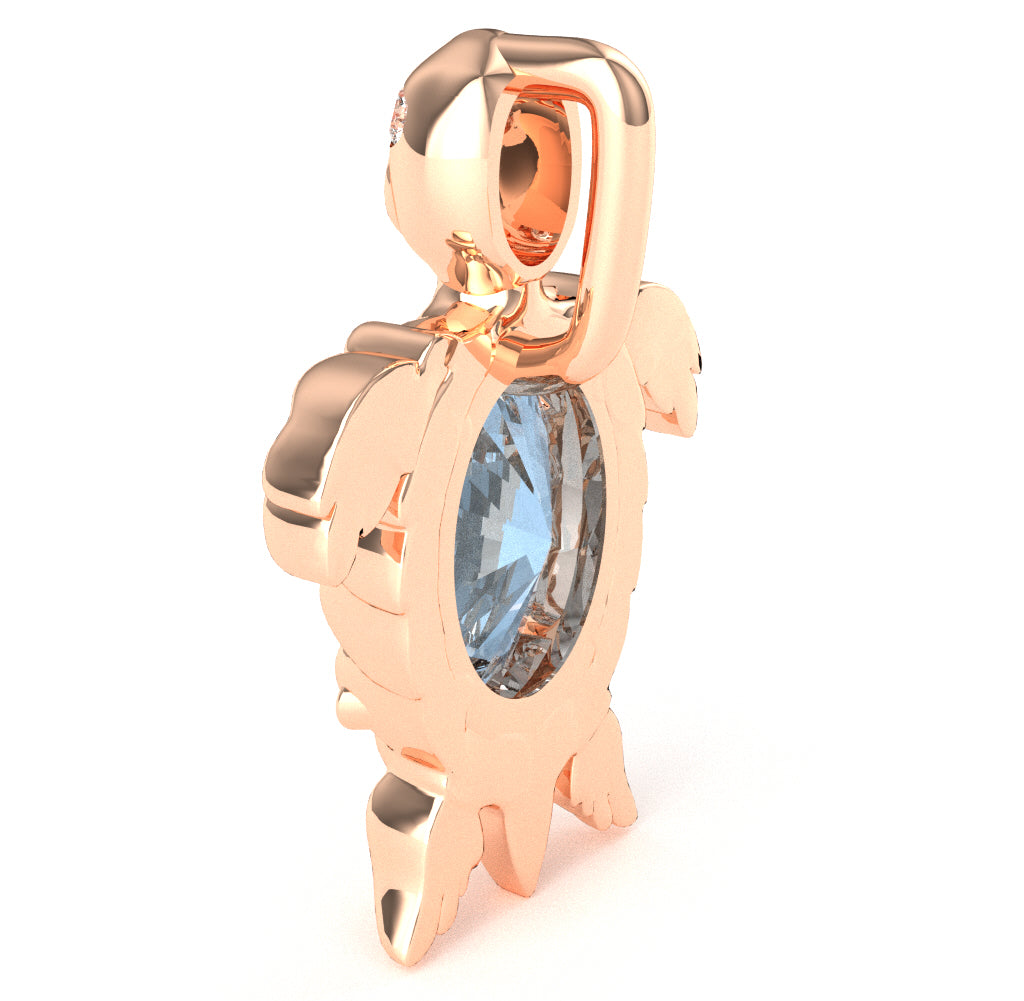 Aquamarine Diamond Sea Turtle Pendant In 10k Rose Gold
