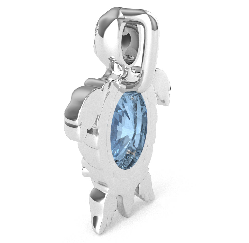 Aquamarine Diamond Sea Turtle Pendant In 10k White Gold
