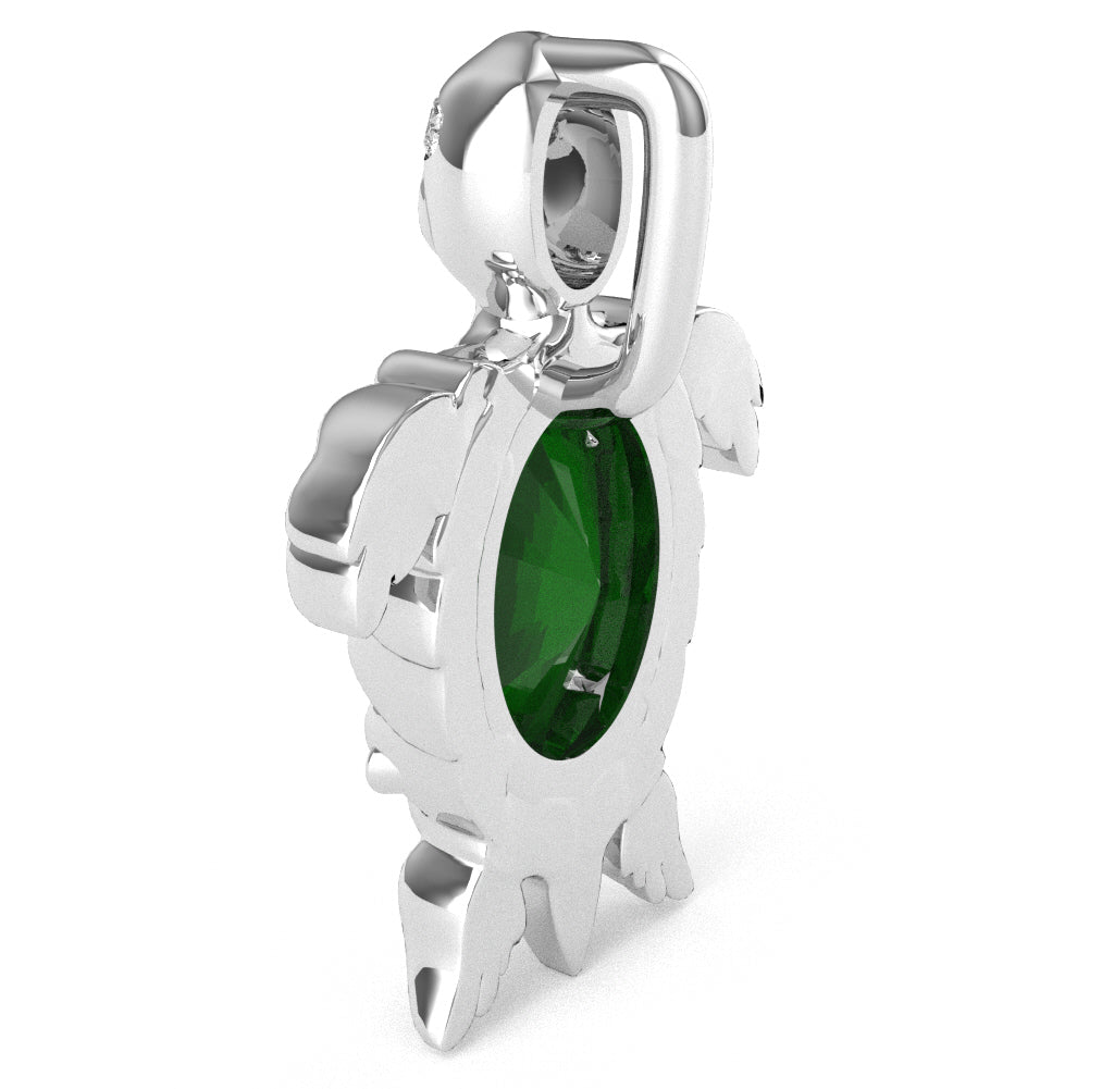 Emerald Diamond Sea Turtle Pendant In 14k White Gold