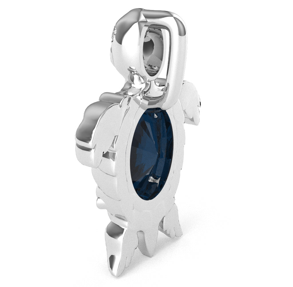 Sapphire Diamond Sea Turtle Pendant In 14k White Gold