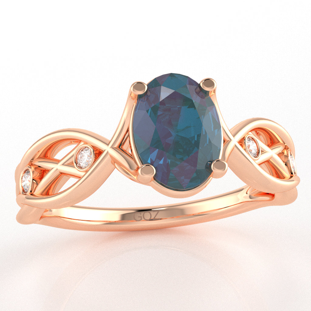 Lab-Created Alexandrite Diamond Celtic Knot Curles Ring In 10k Rose Gold