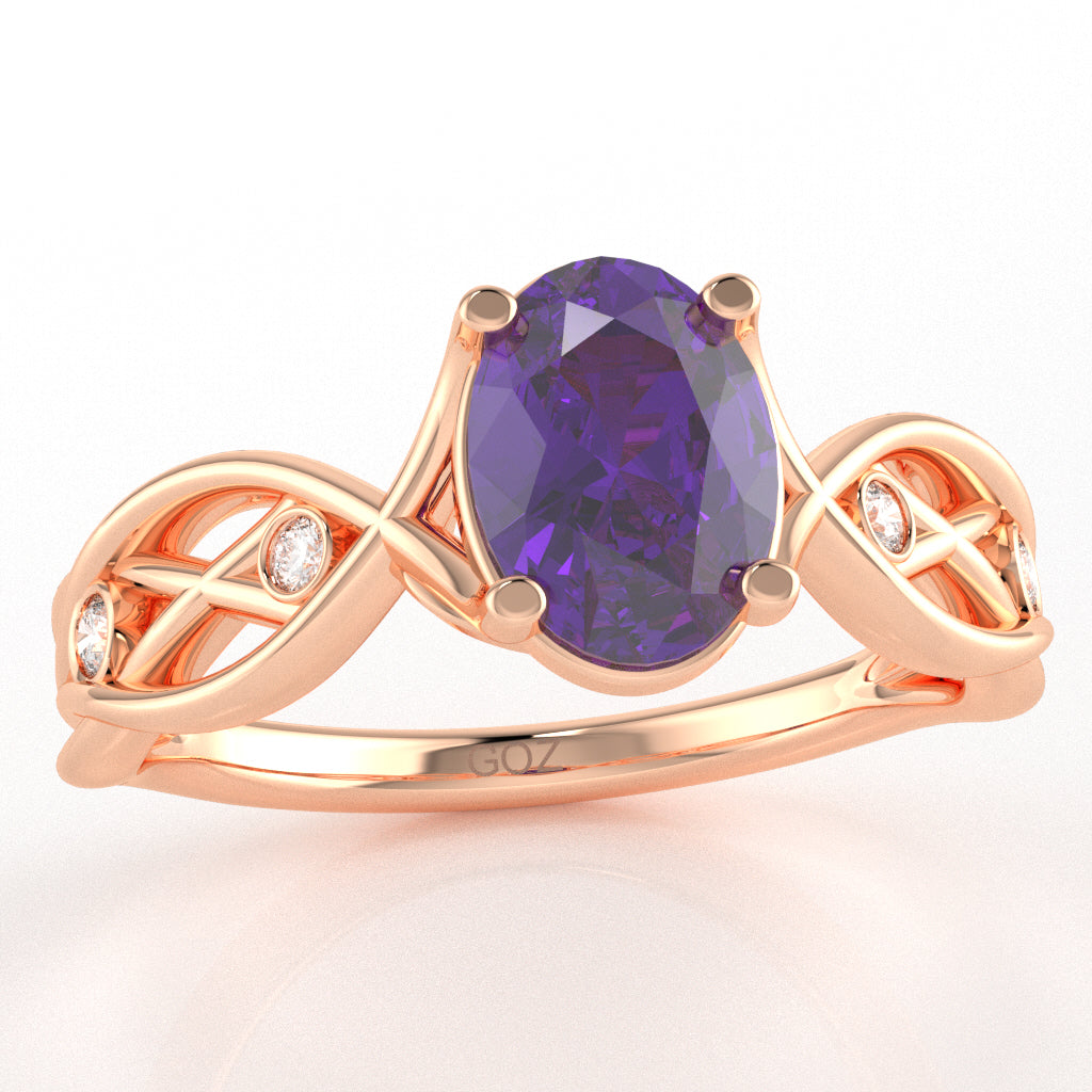 Amethyst Diamond Celtic Knot Curles Ring In 14k Rose Gold