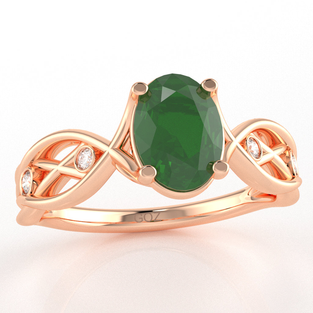 Emerald Diamond Celtic Knot Curles Ring In 10k Rose Gold