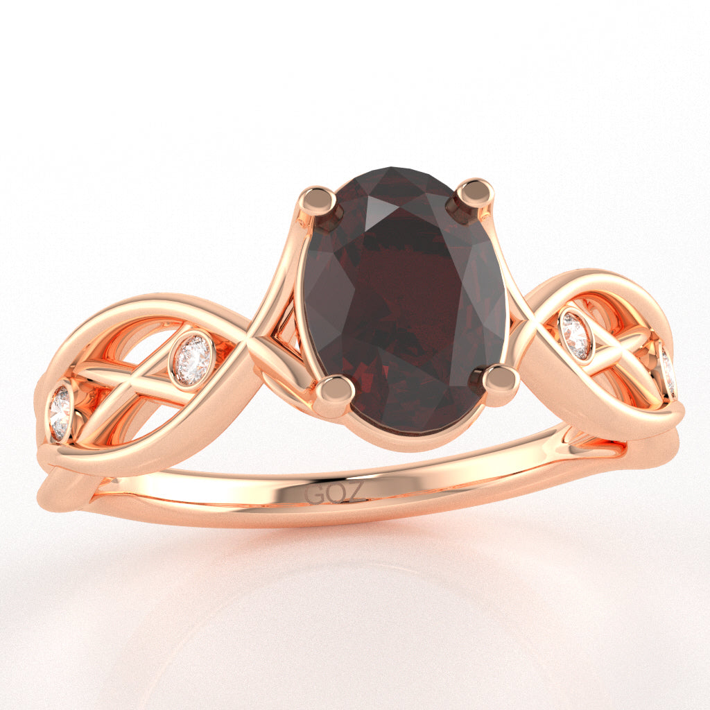 Garnet Diamond Celtic Knot Curles Ring In 10k Rose Gold