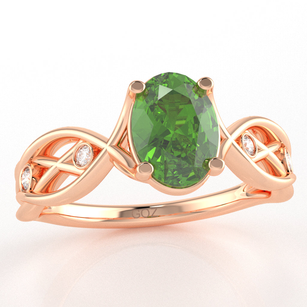 Peridot Diamond Celtic Knot Curles Ring In 14k Rose Gold