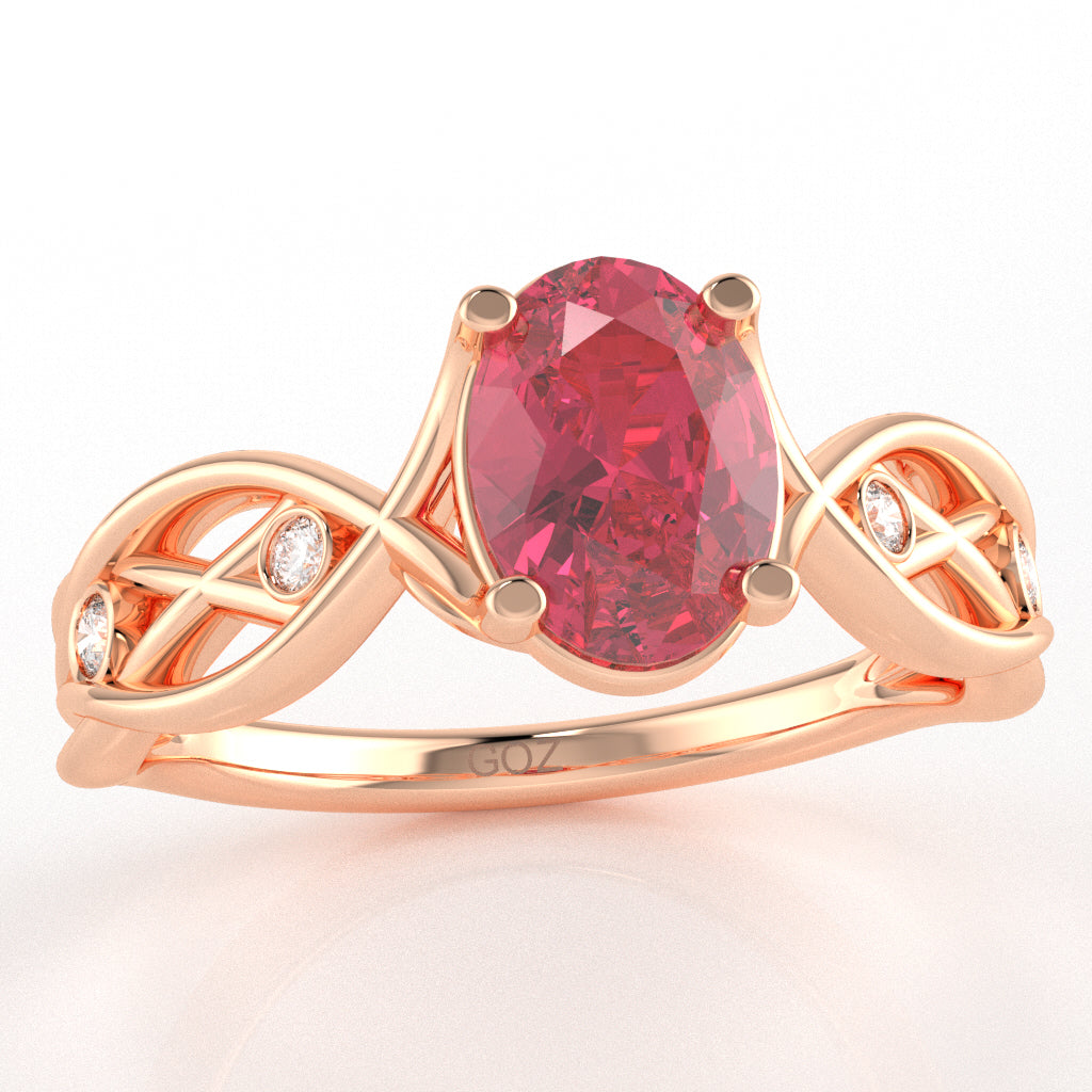 Pink Tourmaline Diamond Celtic Knot Curles Ring In 14k Rose Gold