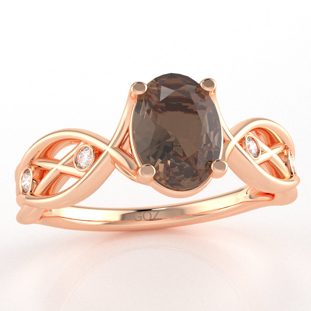 Smoky Quartz Diamond Celtic Knot Curles Ring In 14k Rose Gold