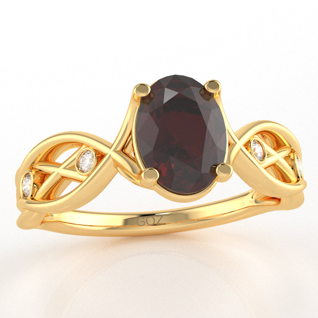 Garnet Diamond Celtic Knot Curles Ring In 14k Yellow Gold