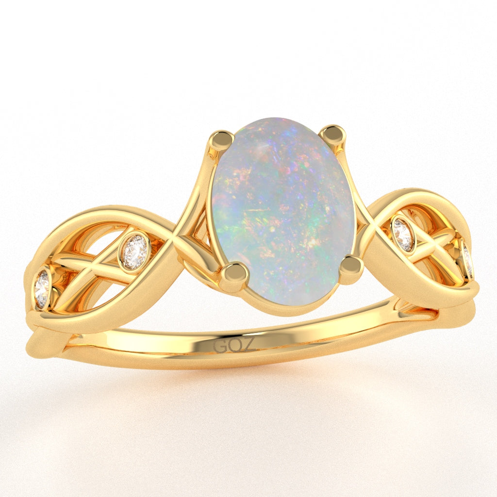 Opal Diamond Celtic Knot Curles Ring In 14k Yellow Gold
