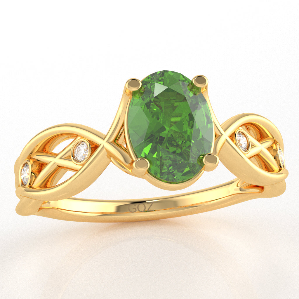 Peridot Diamond Celtic Knot Curles Ring In 14k Yellow Gold