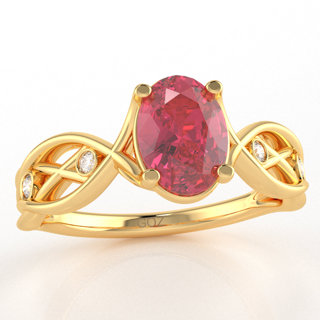 Pink Tourmaline Diamond Celtic Knot Curles Ring In 10k Yellow Gold