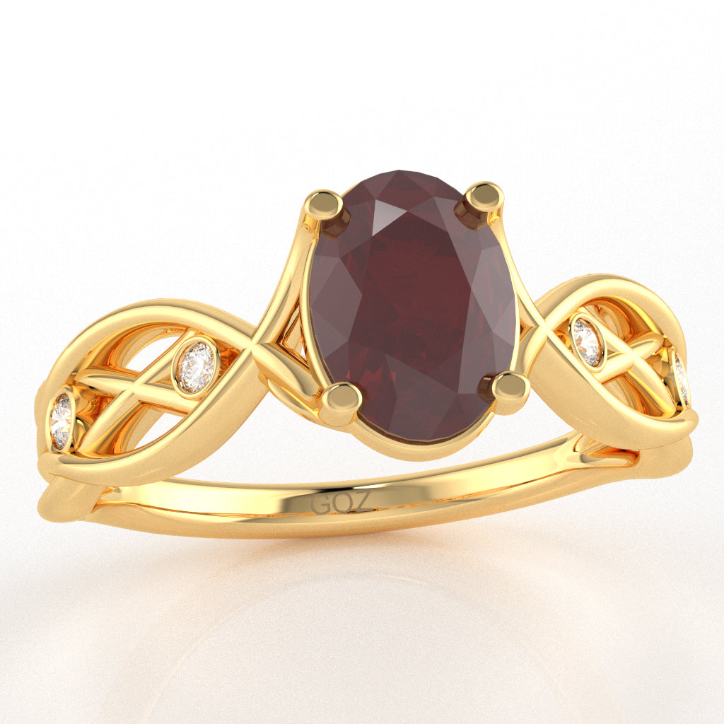 Ruby Diamond Celtic Knot Curles Ring In 14k Yellow Gold