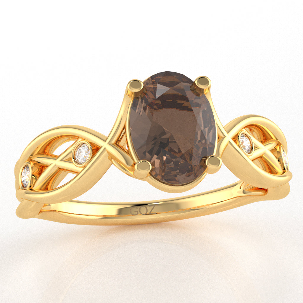 Smoky Quartz Diamond Celtic Knot Curles Ring In 14k Yellow Gold
