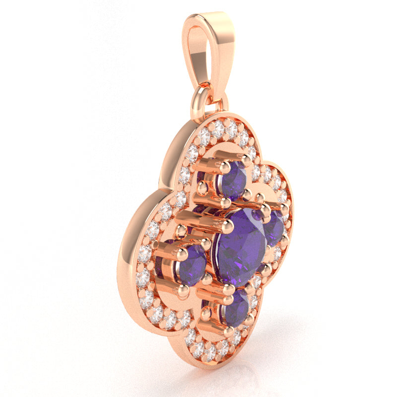 Shamrock Clover Flower Leaf Amethyst Diamond Pendant In 14k Rose Gold