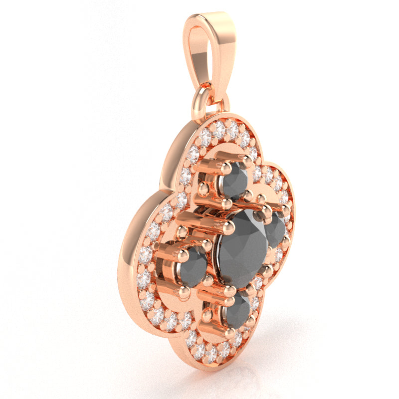 Shamrock Clover Flower Leaf Black Onyx Diamond Pendant In 14k Rose Gold