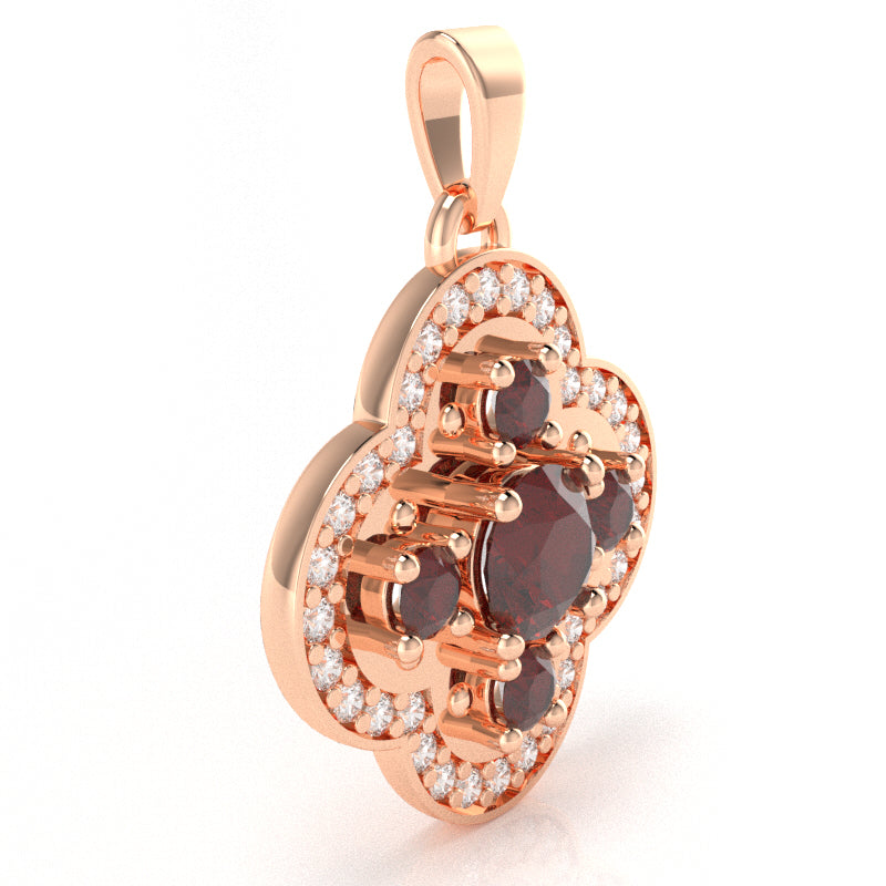 Shamrock Clover Flower Leaf Lab-Created Ruby Diamond Pendant In 14k Rose Gold