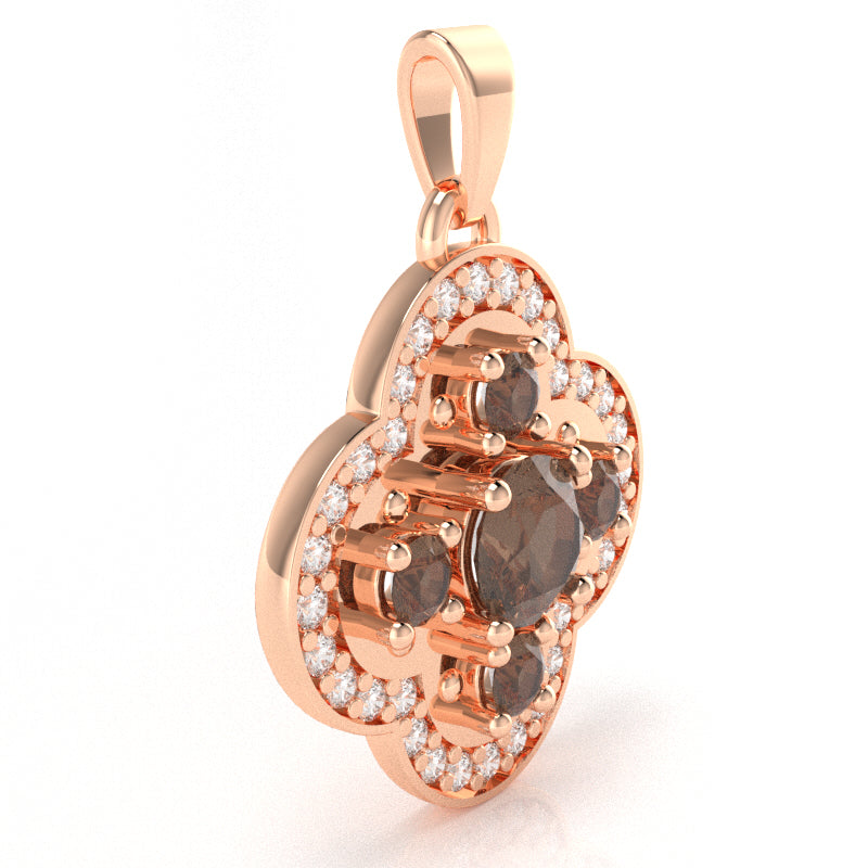 Shamrock Clover Flower Leaf Smoky Quartz Diamond Pendant In 14k Rose Gold