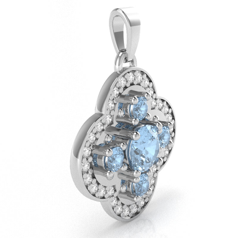 Shamrock Clover Flower Leaf Aquamarine Diamond Pendant In 14k White Gold