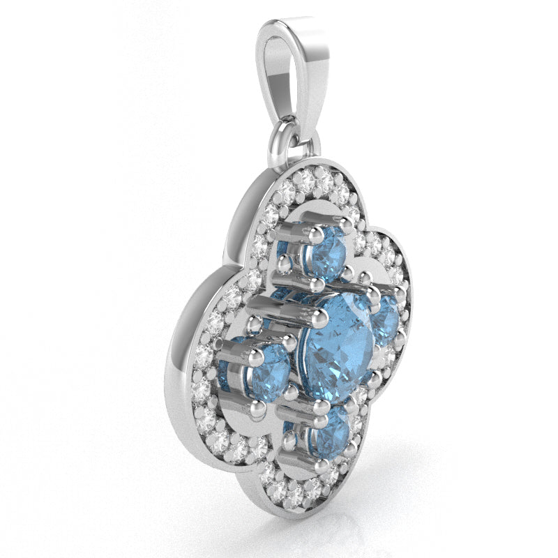 Shamrock Clover Flower Leaf Blue Topaz Diamond Pendant In 14k White Gold