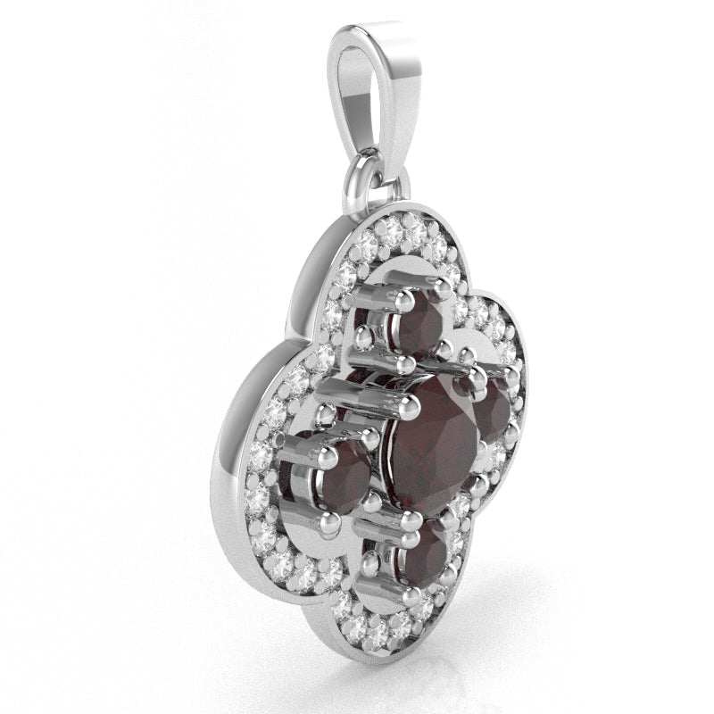 Shamrock Clover Flower Leaf Garnet Diamond Pendant In 14k White Gold